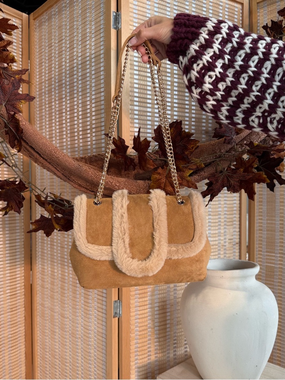Urban Expressions Tan Suede Shoulder Bag with Cream Shearling Trim